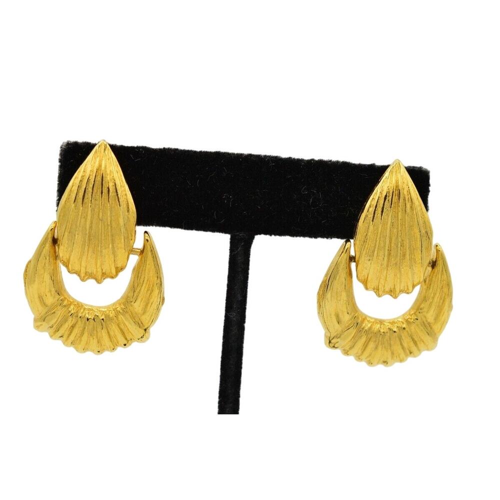 Vintage 1.5" Door Knocker Dangle Earrings Gold Tone Textured Chunky 1980s BinU